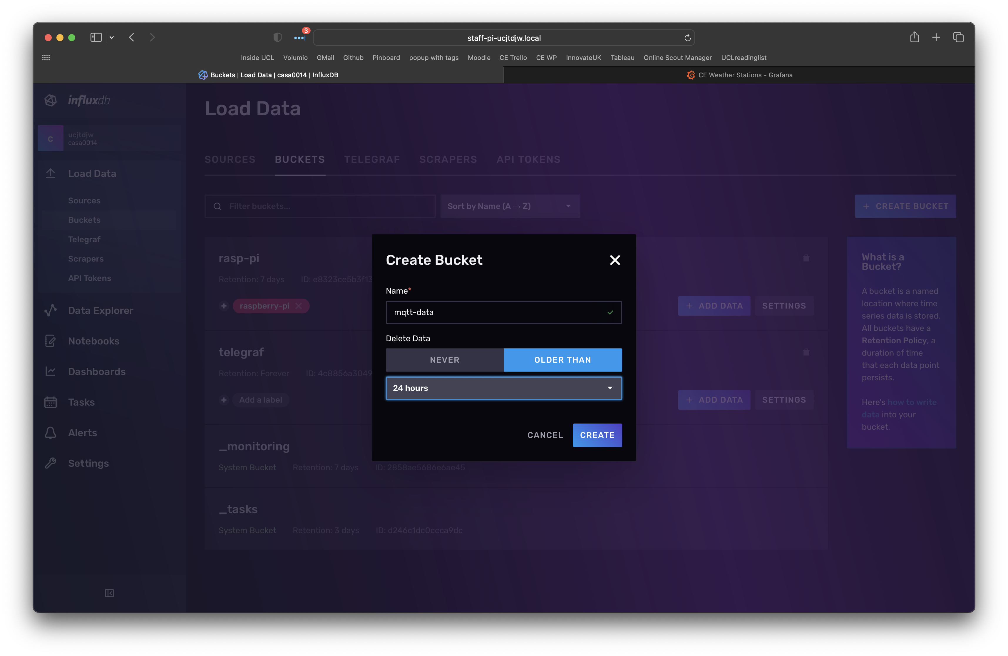 Screenshot of InfluxDB setting up a bucket page