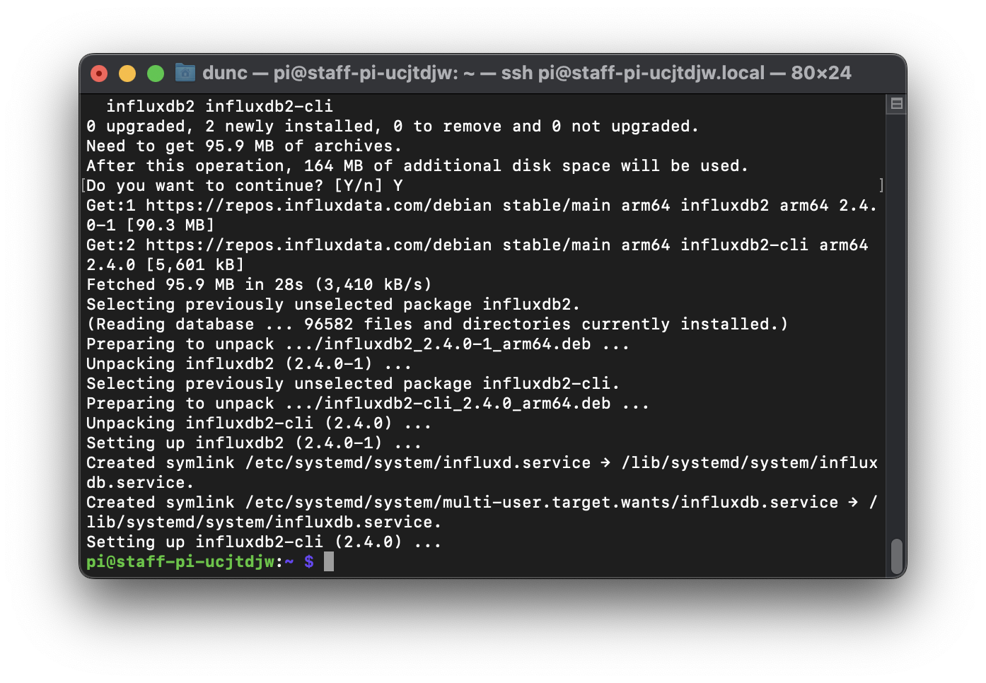 screenshot of InfluxDB install