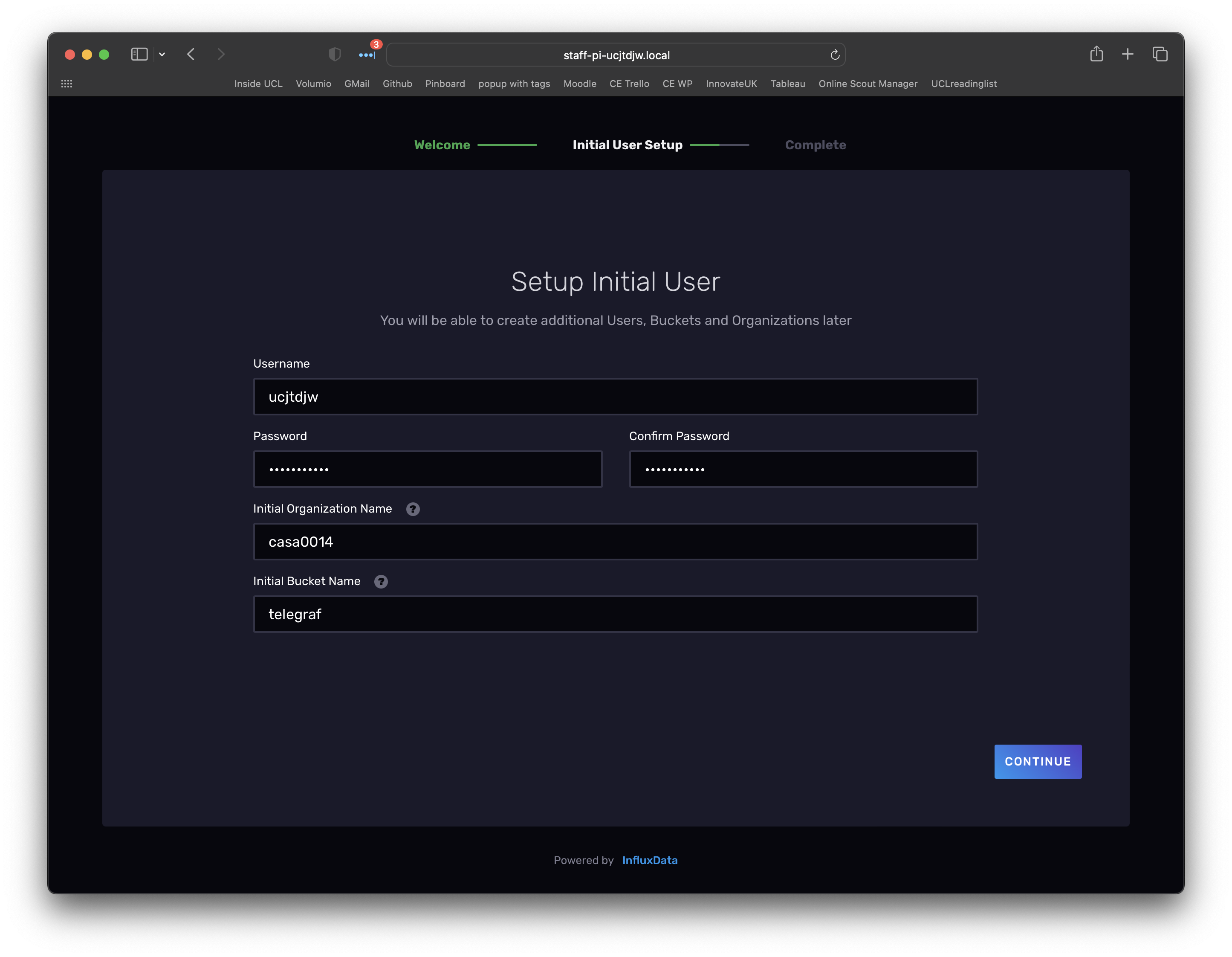 Screenshot of InfluxDB setup page