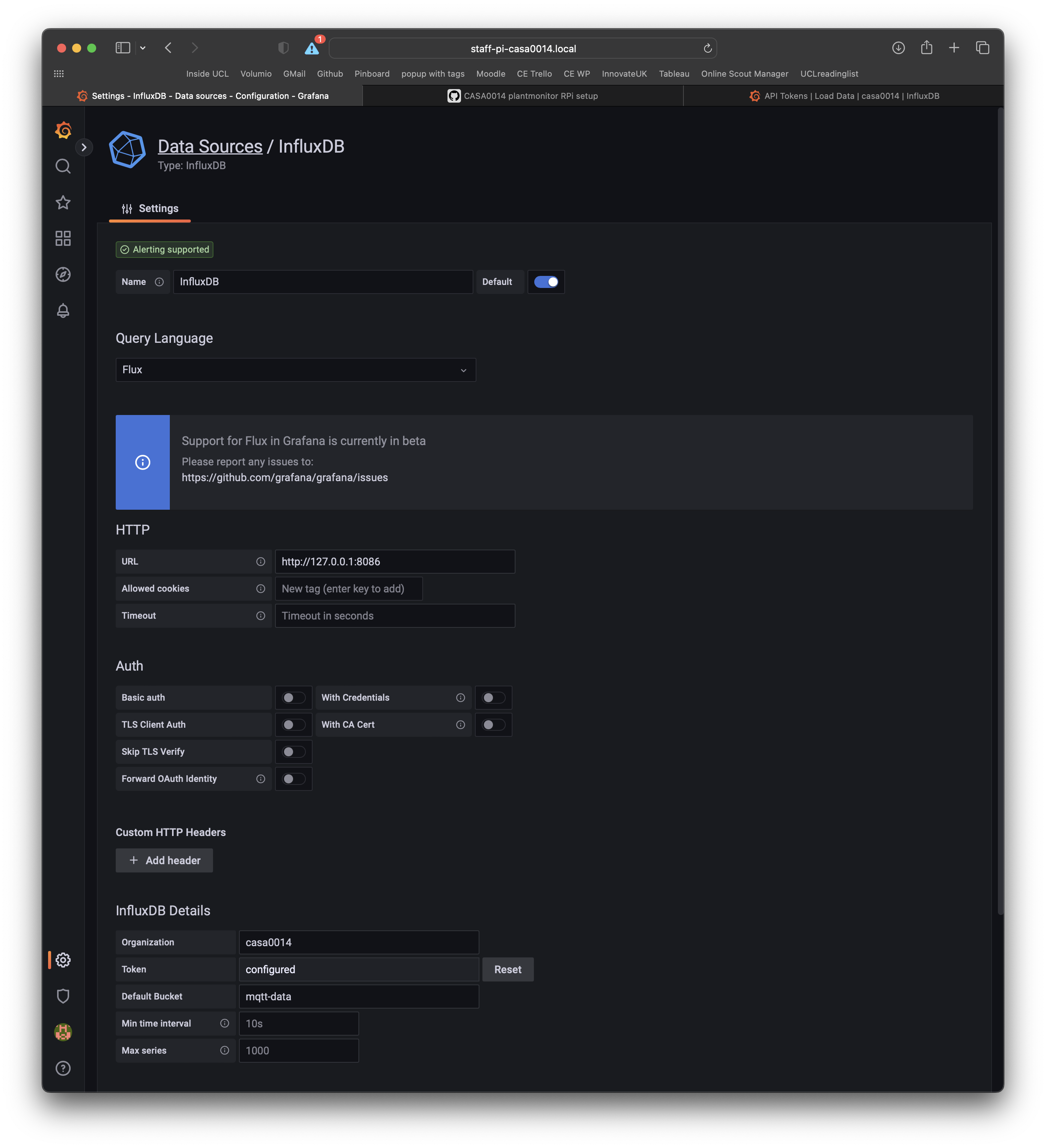 Screenshot of InfluxDB setup