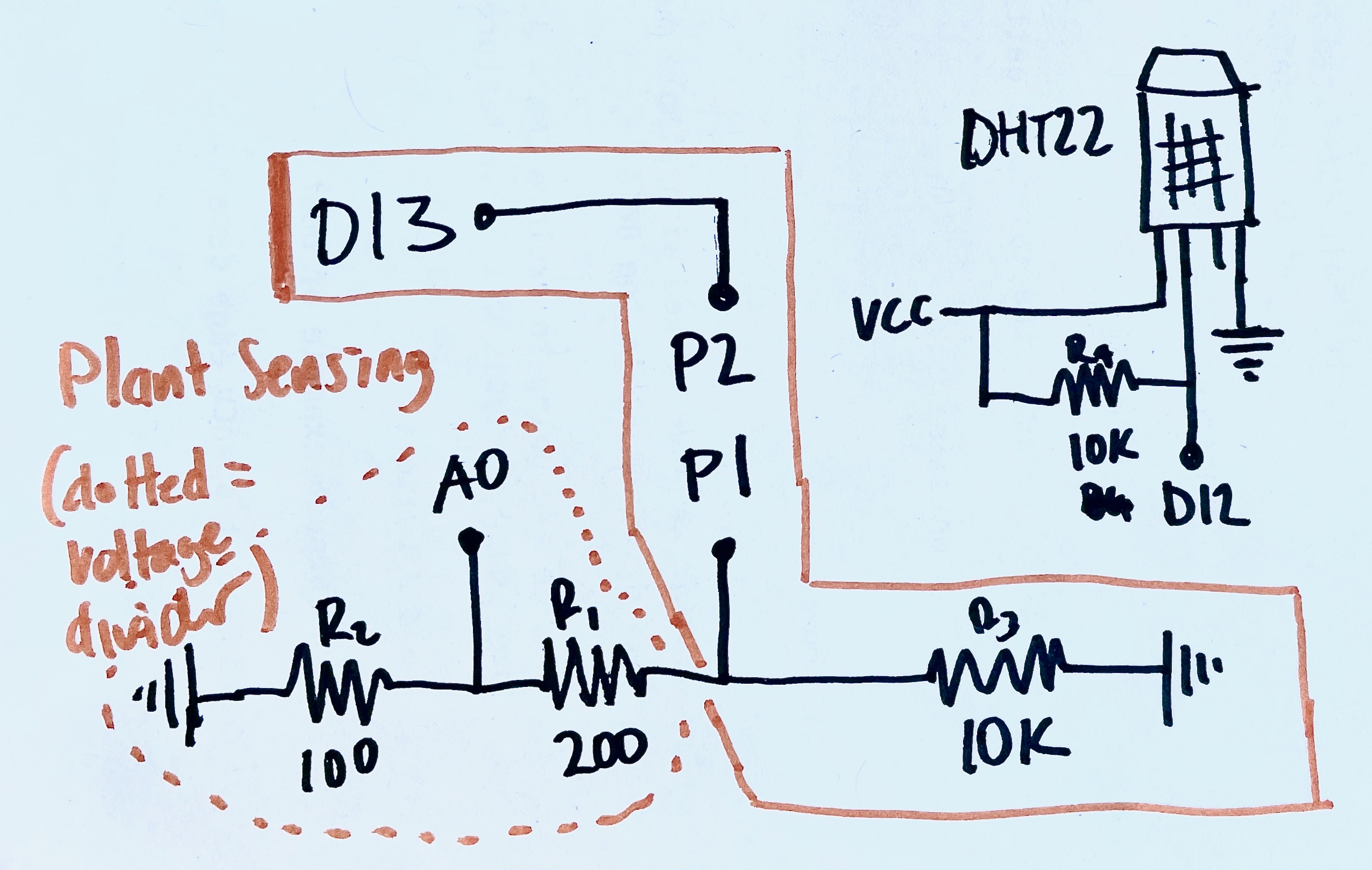 Sketch of circuit for DHT22 and Nail sensor