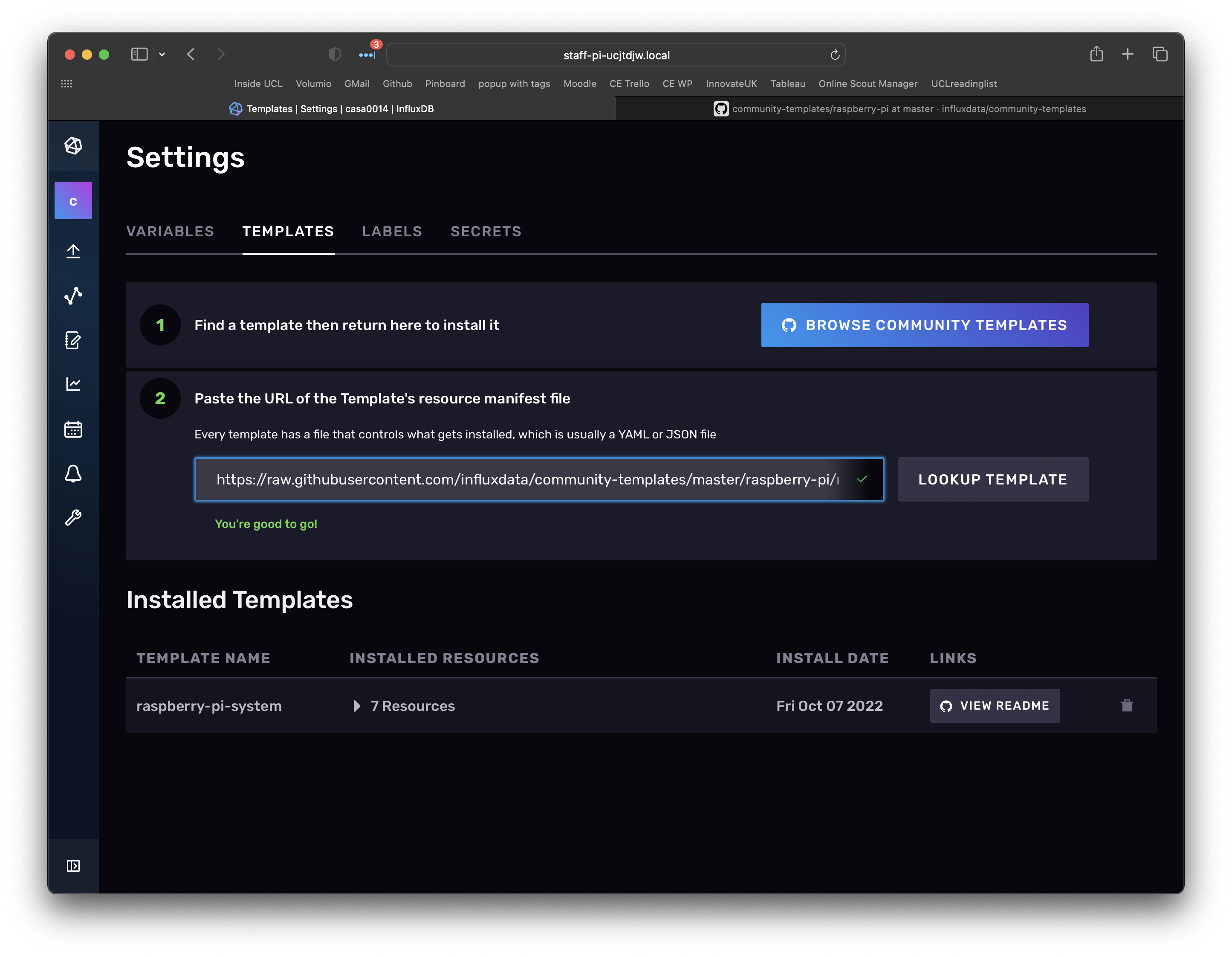 Screenshot of InfluxDB settings page