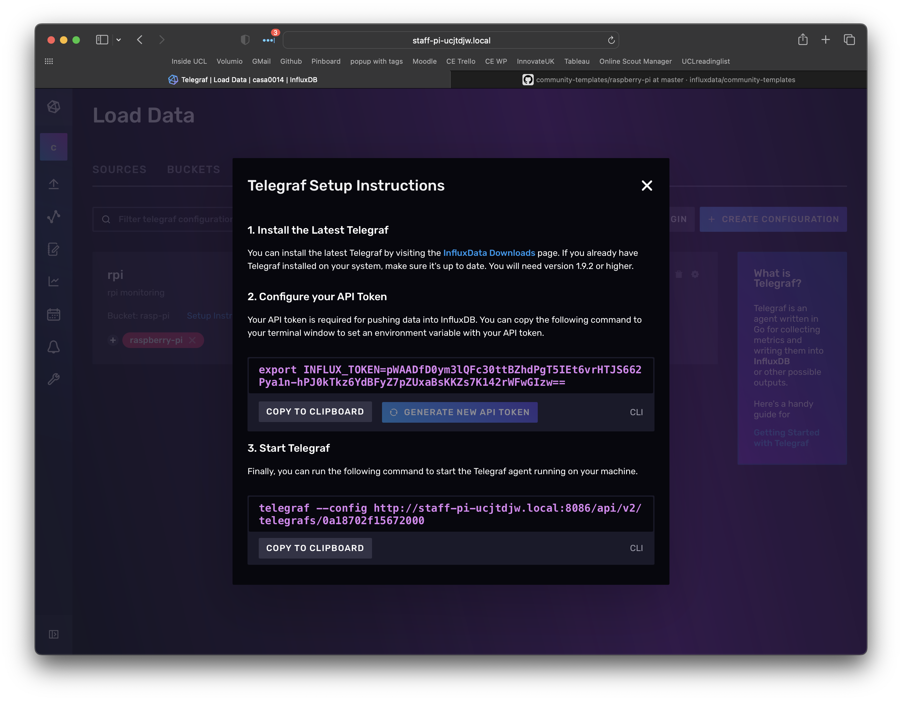 Screenshot of InfluxDB telegraf start page