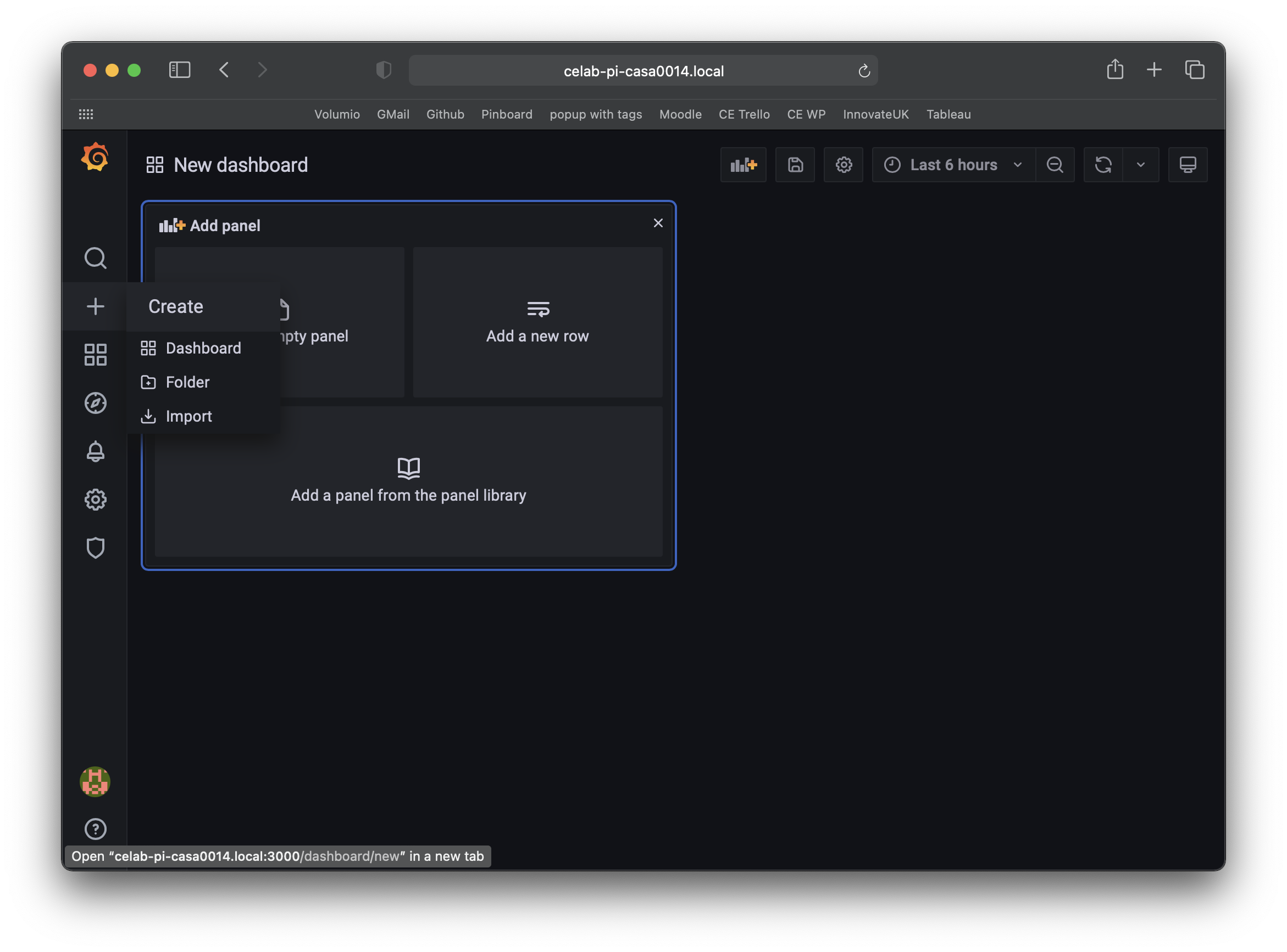 Screenshot of Grafana create dashboard