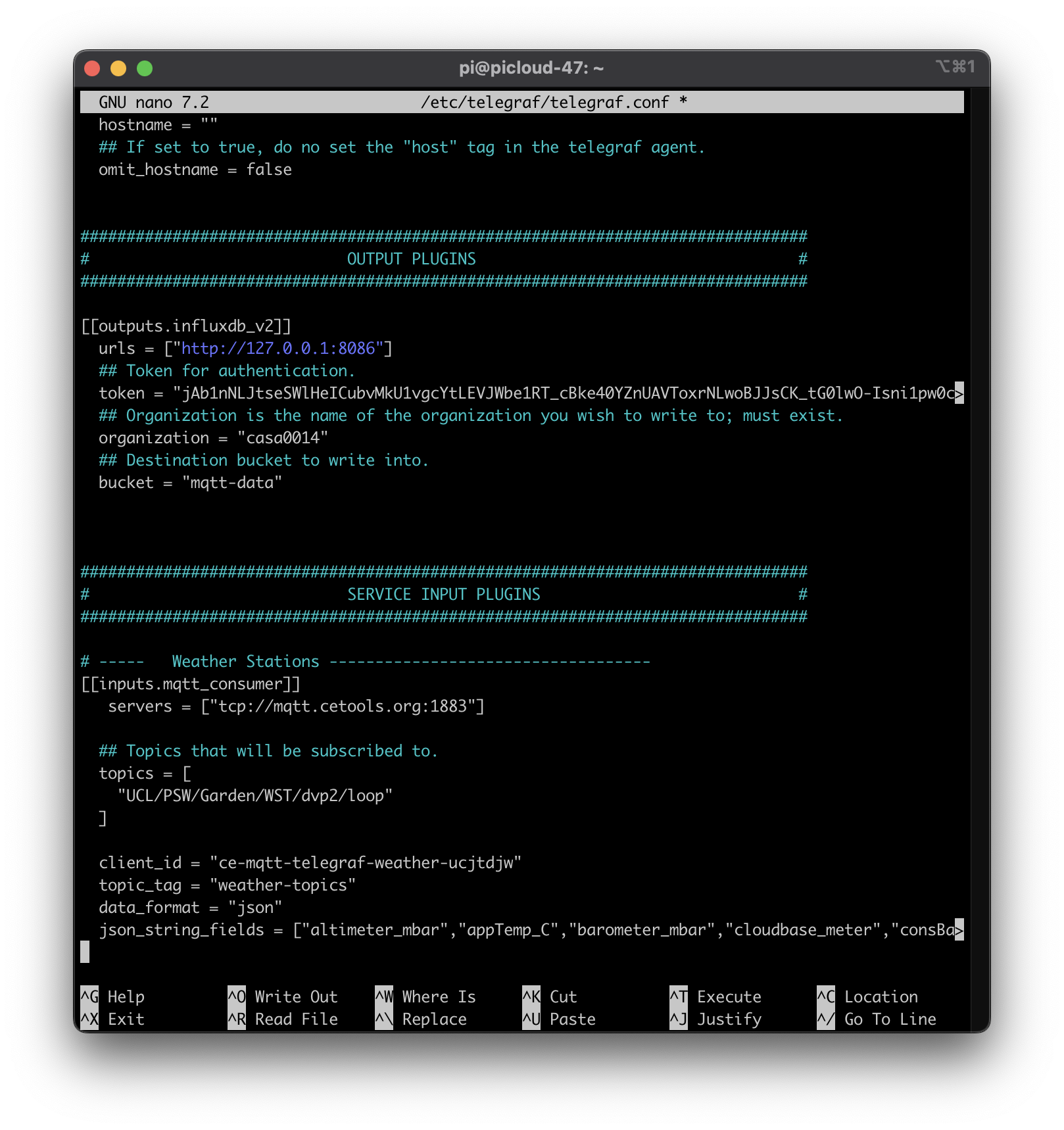 telegraf.conf file pasted into Nano