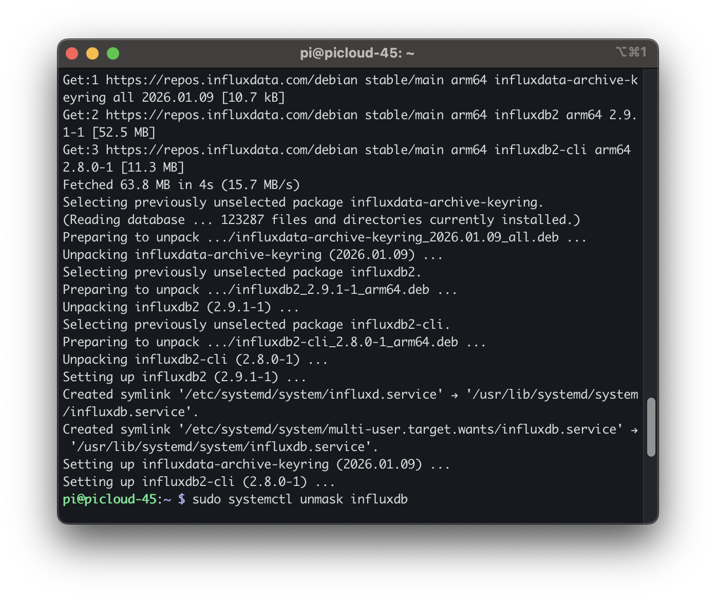 screenshot of InfluxDB install