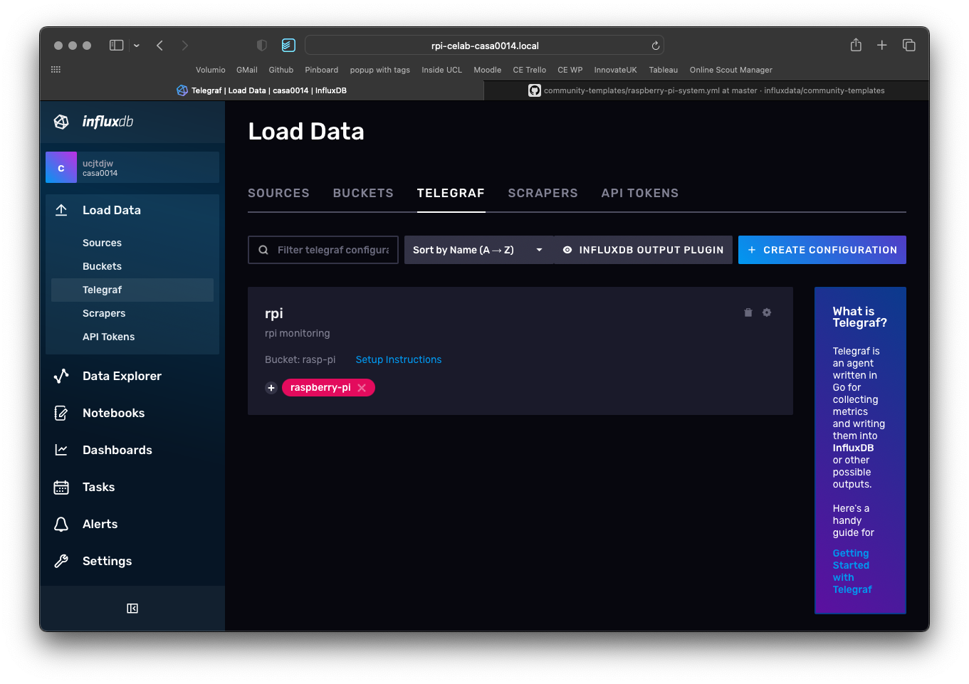 Screenshot of InfluxDB telegraf page