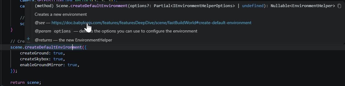 The create default Environment settings