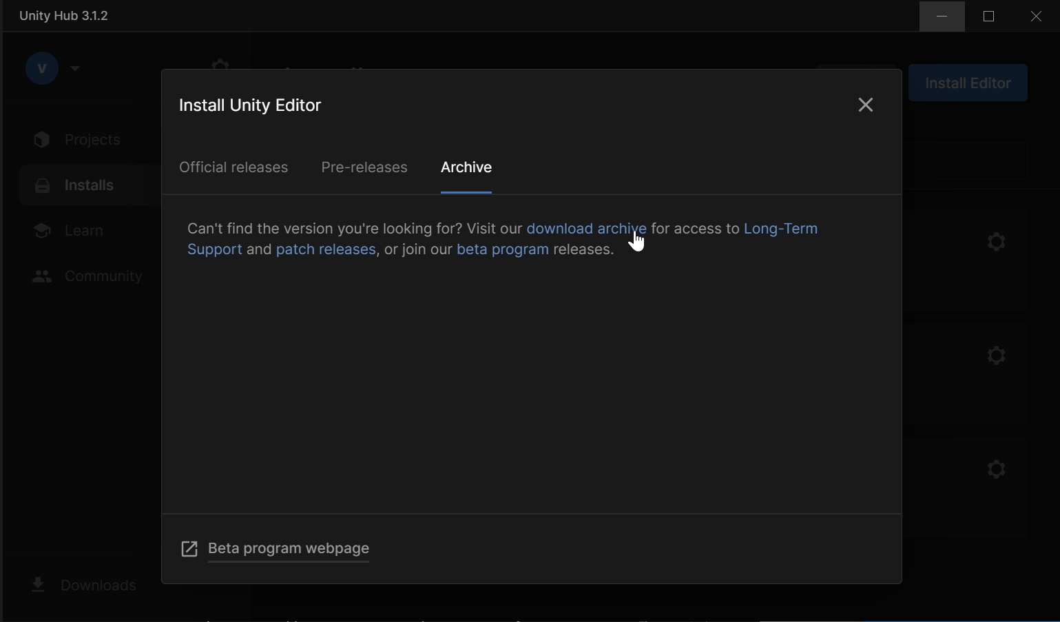 Unity Hub installs screen archive