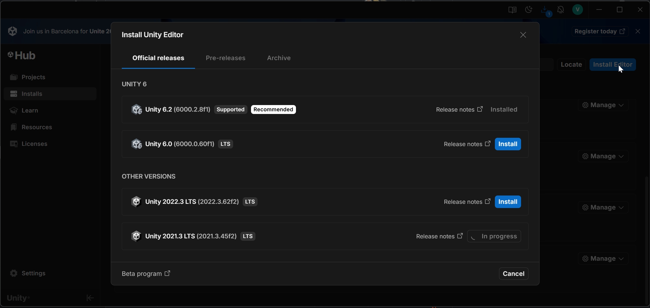 Unity Hub installs screen