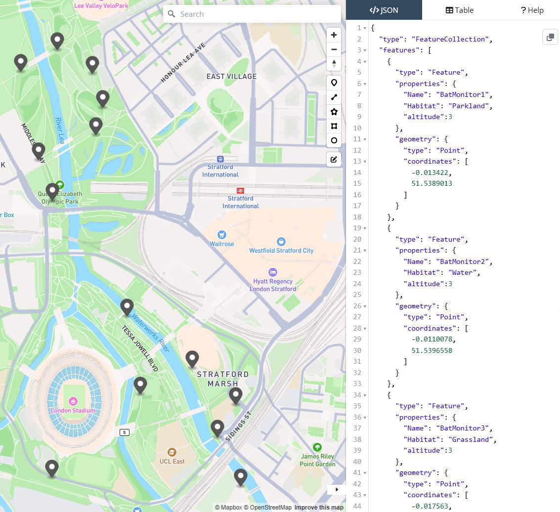 Bat sensors on geojson.io